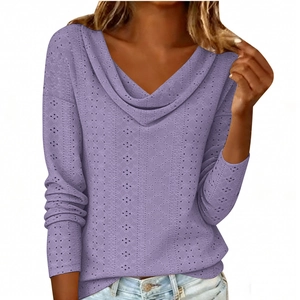Close-up of light purple long sleeve top with textured hollow knit and draped V-neckline