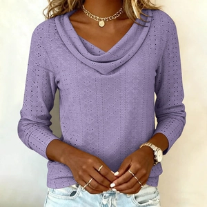Detail of purple cowl neck long sleeve top with intricate eyelet hollow crochet texture