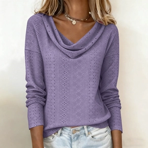 Detail of light purple cowl neck top with intricate hollow-out eyelet knit texture