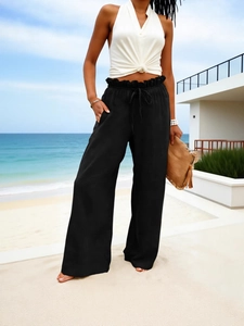 Women High Waist Wide Leg Pants Casual Cotton Linen Loose Trousers With Drawstring Pockets Summer Beach Vacation Pants