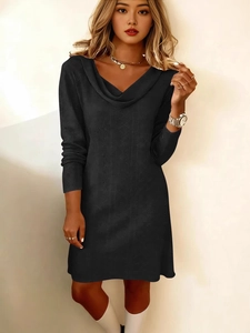 Women Cowl Neck Long Sleeve Dress Elegant Pointelle Knit Hollow Out A-Line Casual Commuter Midi Dress Solid Color Fashion