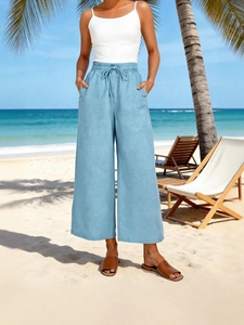 Pantaloni da donna a vita alta blu chiaro a gamba larga con coulisse in cotone lino