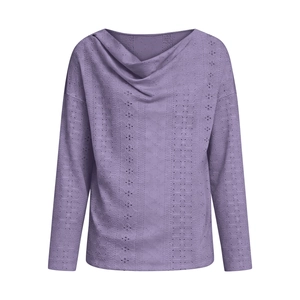 Detail of purple long sleeve top featuring draped neck and hollow embroidery texture
