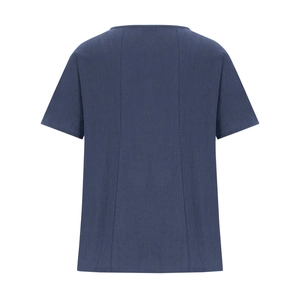 Detail view of the back seams and navy cotton linen fabric on this short sleeve shirt