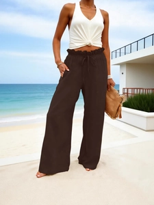 Women's high waist cotton linen wide leg pants in dark coffee brown with drawstring