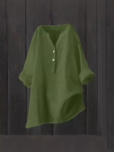Army green loose cotton linen long sleeve shirt for women with V-neck and casual asymmetric hem