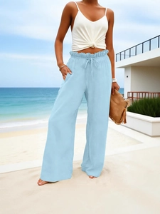 Women's high waist cotton linen wide leg trousers in light blue with drawstring waist