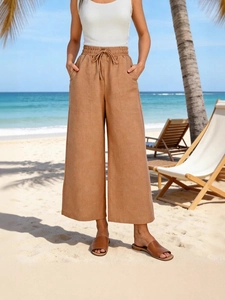 Pantaloni larghi marroni a vita alta da donna con coulisse e ampie tasche laterali