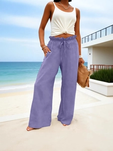 Women's high-waisted cotton linen wide-leg pants in lilac purple with drawstring waist