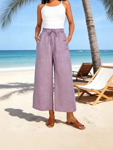 Pantaloni larghi viola a vita alta con coulisse da donna per stile vacanza estiva