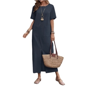 Abito lungo da donna in cotone e lino blu navy con maniche corte e tasche