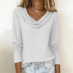 Detail of cowl neck and hollow-out jacquard texture on white long sleeve T-shirt