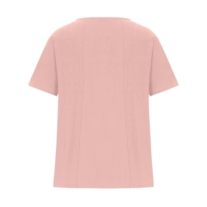 Rear view of pink short-sleeve linen-cotton shirt with vertical structural seams