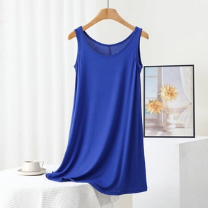 Detail of royal blue sleeveless modal maxi dress with smooth drape and crew neckline