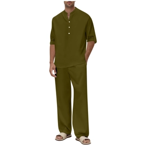 Ensemble deux pièces pour homme en lin et coton vert olive, chemise ample et pantalon