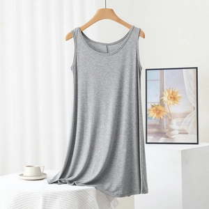 Detail of grey sleeveless modal dress featuring a soft round neck and smooth fabric texture