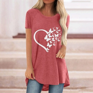 Maglietta da Donna Casual in Misto Cotone Con Stampa Farfalla Cuore Manica Corta Girocollo Vestibilità Ampia Top Streetwear