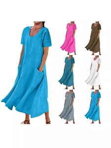 Damen Casual Baumwolle Leinen Maxi Kleid Kurzarm Rundhals Locker Sommer Langes Kleid Mit Taschen Einfarbig Urlaub Sonnenkleid