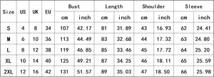 Detailed size chart for dandelion print V-neck linen shirt with US, UK, EU measurements