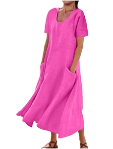 Loses rosa Maxikleid aus Baumwollleinen mit Rundhalsausschnitt und großen Taschen