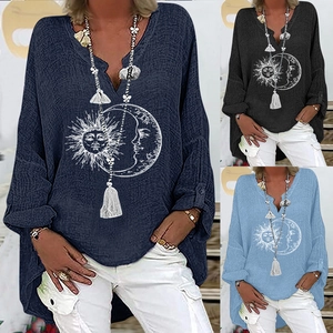 Chemisier Femme Décontracté Coton Lin Col en V Manches Longues Imprimé Soleil Lune Haut Ample Bohème Vintage