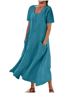 Maxikleid aus Baumwolle und Leinen in Blaugrün mit kurzen Ärmeln und praktischen Taschen