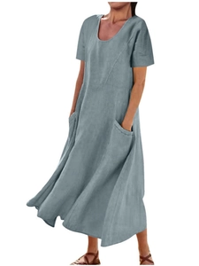 Damen Baumwolle Leinen Maxikleid mit kurzen Ärmeln und Taschen in Graublau