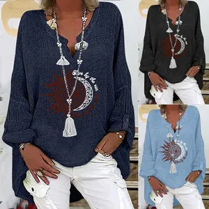 Women V Neck Cotton Linen Sun Moon Print Long Sleeve Blouse Casual Loose High Low Hem Artistic Retro Shirt Top