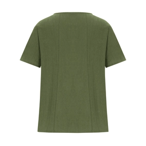 Detail of army green cotton linen short sleeve shirt showing back seam and fabric texture