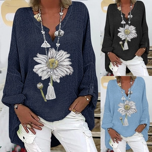 Women Casual V Neck Cotton Linen Blouse Daisy Floral Print Long Sleeve Loose Shirt Asymmetric Hem Boho Tops Spring Autumn