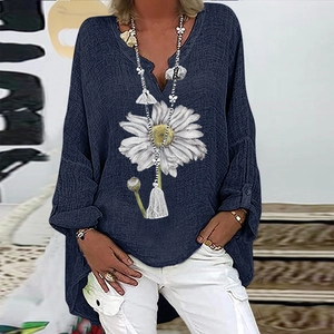 Women's V-neck dark blue cotton linen long sleeve blouse with white daisy floral print
