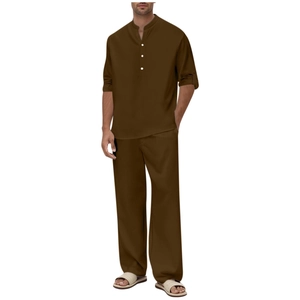 Ensemble deux pièces pour hommes en coton-lin marron avec chemise longue et pantalon