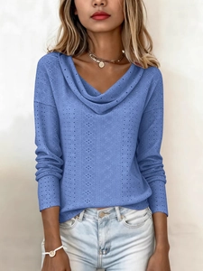 Women's casual navy blue pointelle long sleeve top with elegant cowl neck and relaxed fit