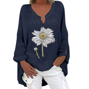 Women's V-neck cotton linen long sleeve top with navy blue floral daisy print