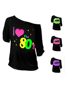 Γυναικείο Ρετρό 80s Έξωμο T-Shirt Μοντάλ Βαμβάκι Τύπωμα Χείλη Disco Party Top Κοντομάνικο Streetwear Vintage Graphic Tee