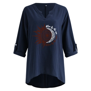 Women's V-neck cotton linen shirt with sunflower print and asymmetric high-low hem