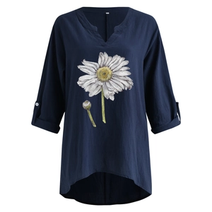 Detail of navy blue V-neck cotton linen shirt featuring large white daisy floral prints