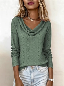 Elegant dark green cowl neck long sleeve top with intricate openwork knit for women