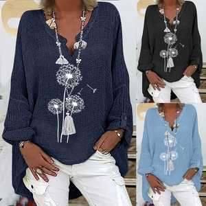 Blouse Décontractée Femme Imprimé Pissenlit Col en V Coton Lin Manches Longues Ample Retro Bohème Chemise Haut Grande Taille