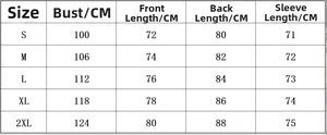 Detailed size chart for long sleeve dandelion print t-shirt showing bust and length measurements