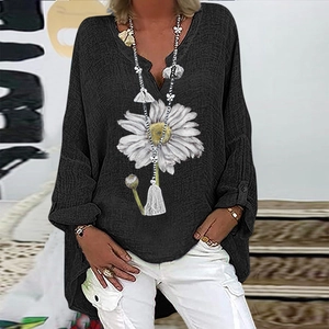 Women's V-neck long sleeve cotton linen blouse with white daisy print in black