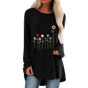 Women's Casual Floral Print Long Sleeve T-Shirt Cotton Blend Round Neck Loose Tunic Top Raglan Sleeve High-Low Hem