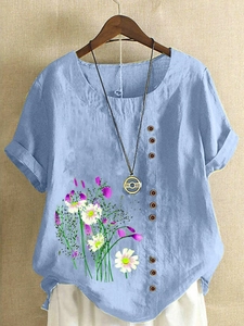 Women Casual Cotton Linen Blouse Floral Print Short Sleeve Round Neck Top With Buttons Artistic Summer Shirt For Women