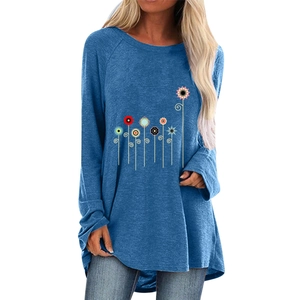 Women's loose long sleeve navy t-shirt featuring colorful abstract floral print