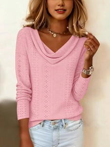 Women's pink long sleeve V-neck top with draped cowl neck and hollow-out knit texture