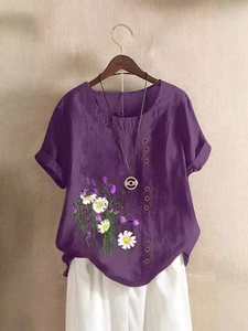 Purple cotton linen short sleeve shirt with daisy print and button detail for women