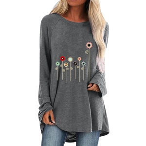 Grey long sleeve t-shirt for women featuring colorful floral print and loose casual fit