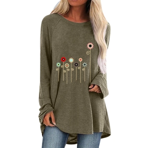Olive green loose long sleeve t-shirt with colorful floral print and curved hemline