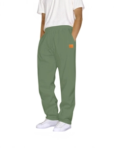Men's sage green straight leg athletic sweatpants with orange accent patch and drawstring