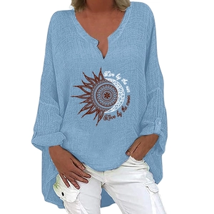 Light blue V-neck linen top with sun and moon print and bohemian long sleeves for women